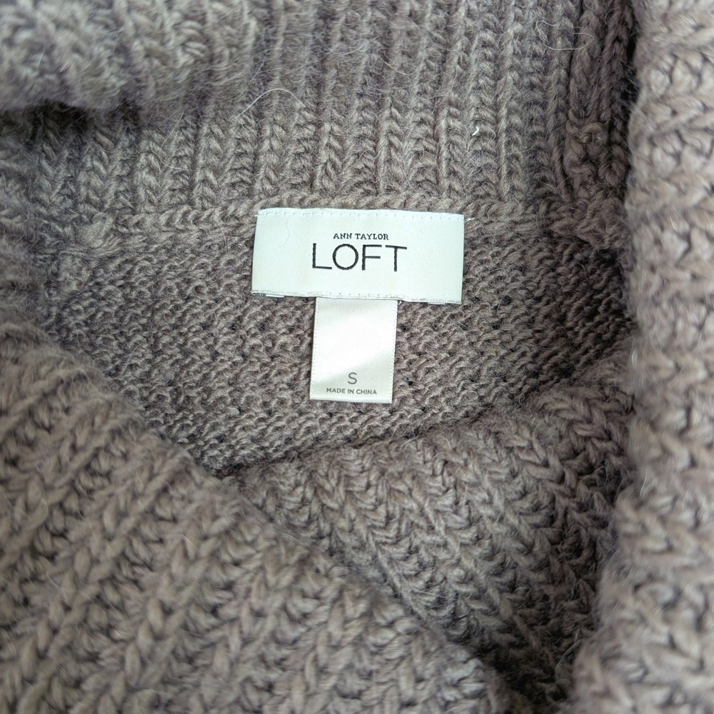 LOFT Small Taupe Alpaca Wool Cable Knit Cowl Neck Chunky Tunic Sweater Chic Cozy - Picture 2 of 7